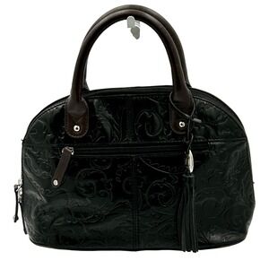 Tignanello Leather‎ Satchel Womens Black Embossed Handbag Tassel Classic